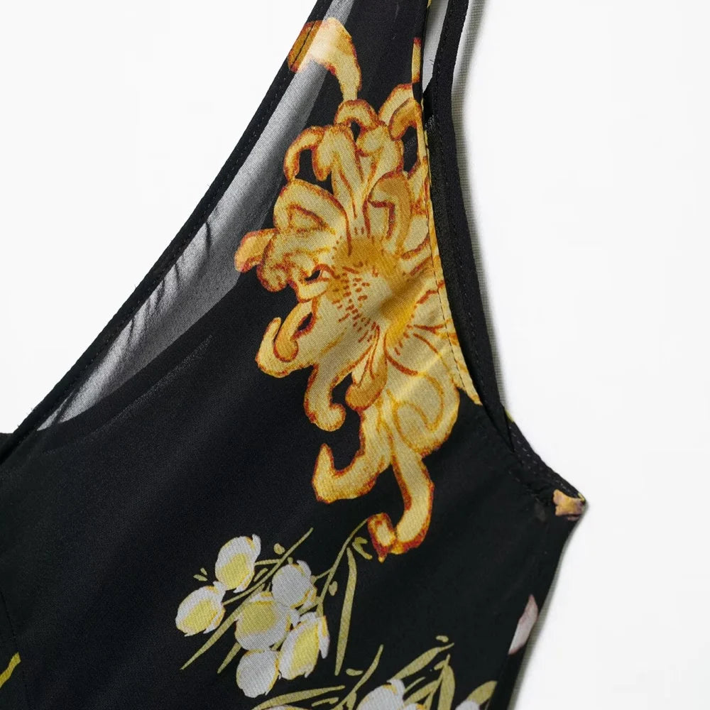 printed waist cinching dress V-neck sleeveless backless pullover summer new women's fashionable temperament long dress