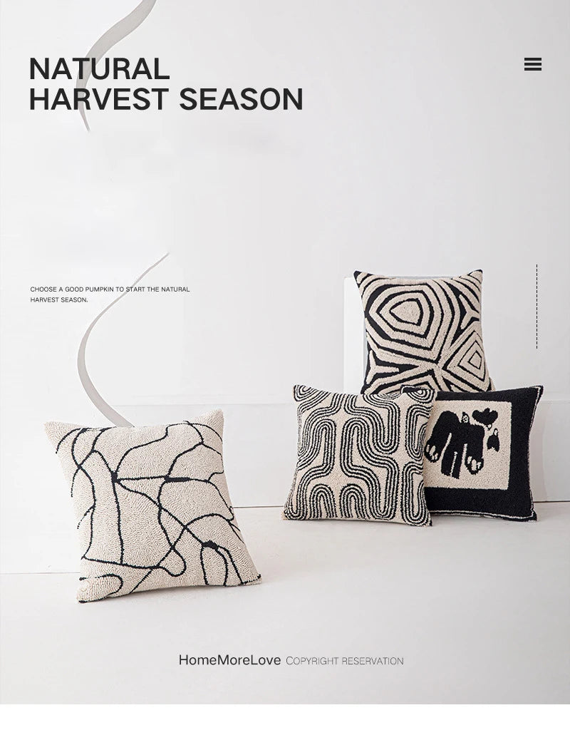 New Geometric Abstract Embroidered Cushion Cover Modern Beige Black Fully Tufted Pillowcase Home Decorative Pillows for Sofa