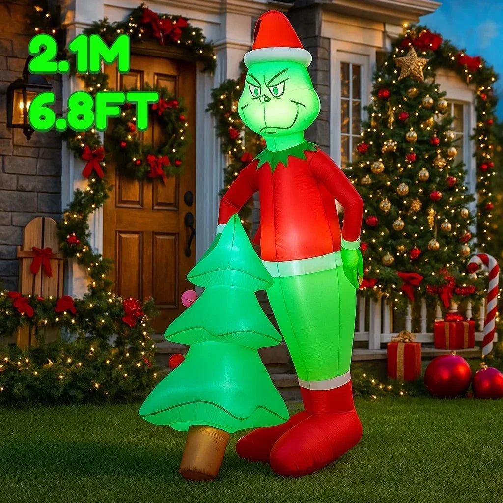 2.1M/6.8FT Christmas Decorations Inflatable Toy Grinch Holding Christmas Trees Home Yard LED Light Decor Christmas Party Toy