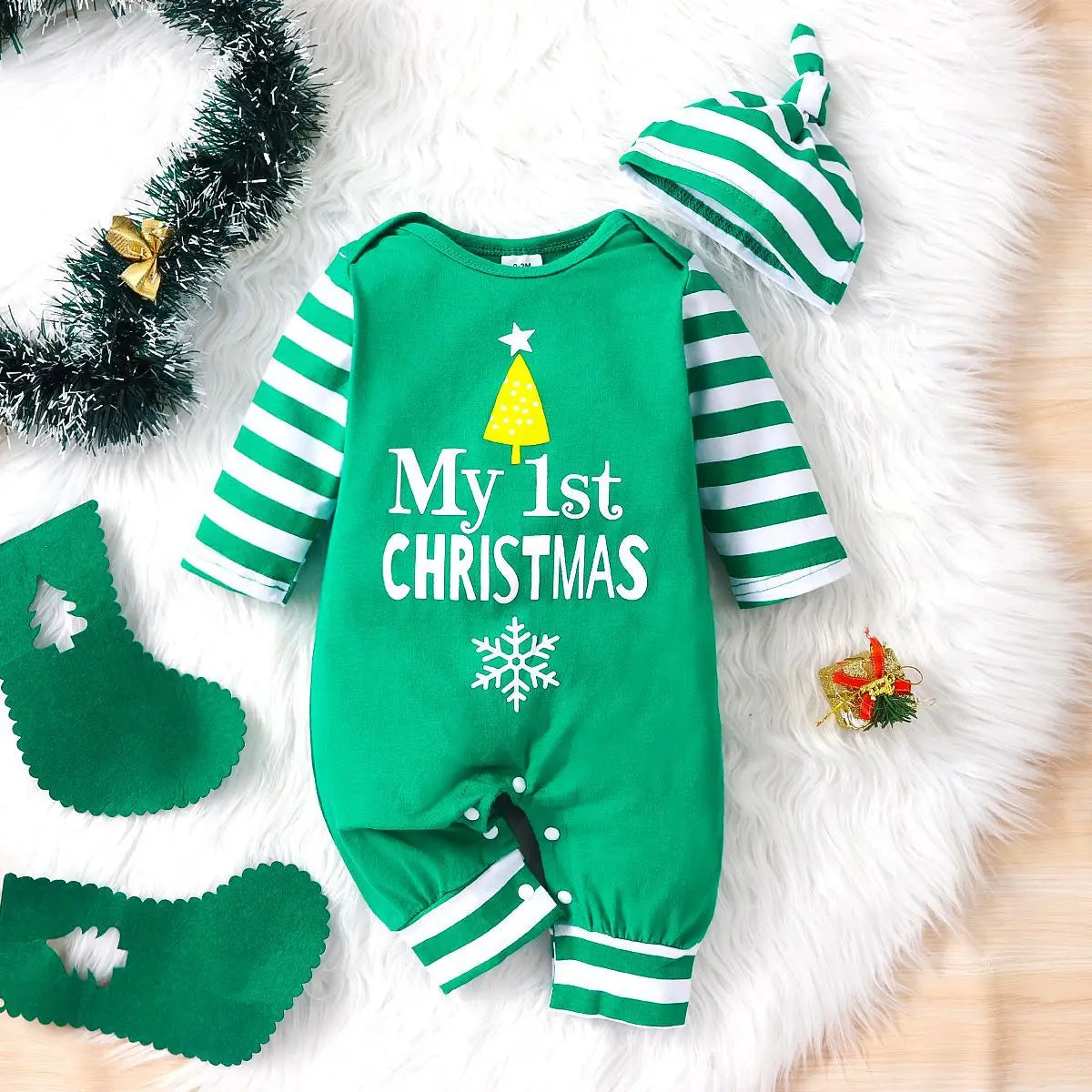 Prowow Baby Christmas Clothes 2025 Cartoon Pattern Green Romper Xmas Jumpsuit For Kids Newborn New Year Baby Costume Boy Girls