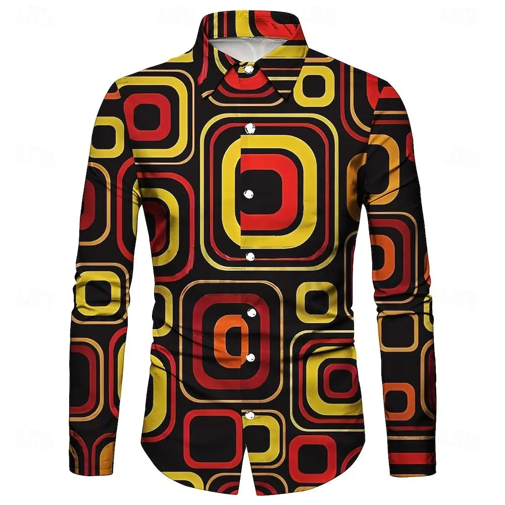 Men's 3D irregular geometric shape print long-sleeved shirt personalized polyester fabric casual shirt men's fashion lapel shirt