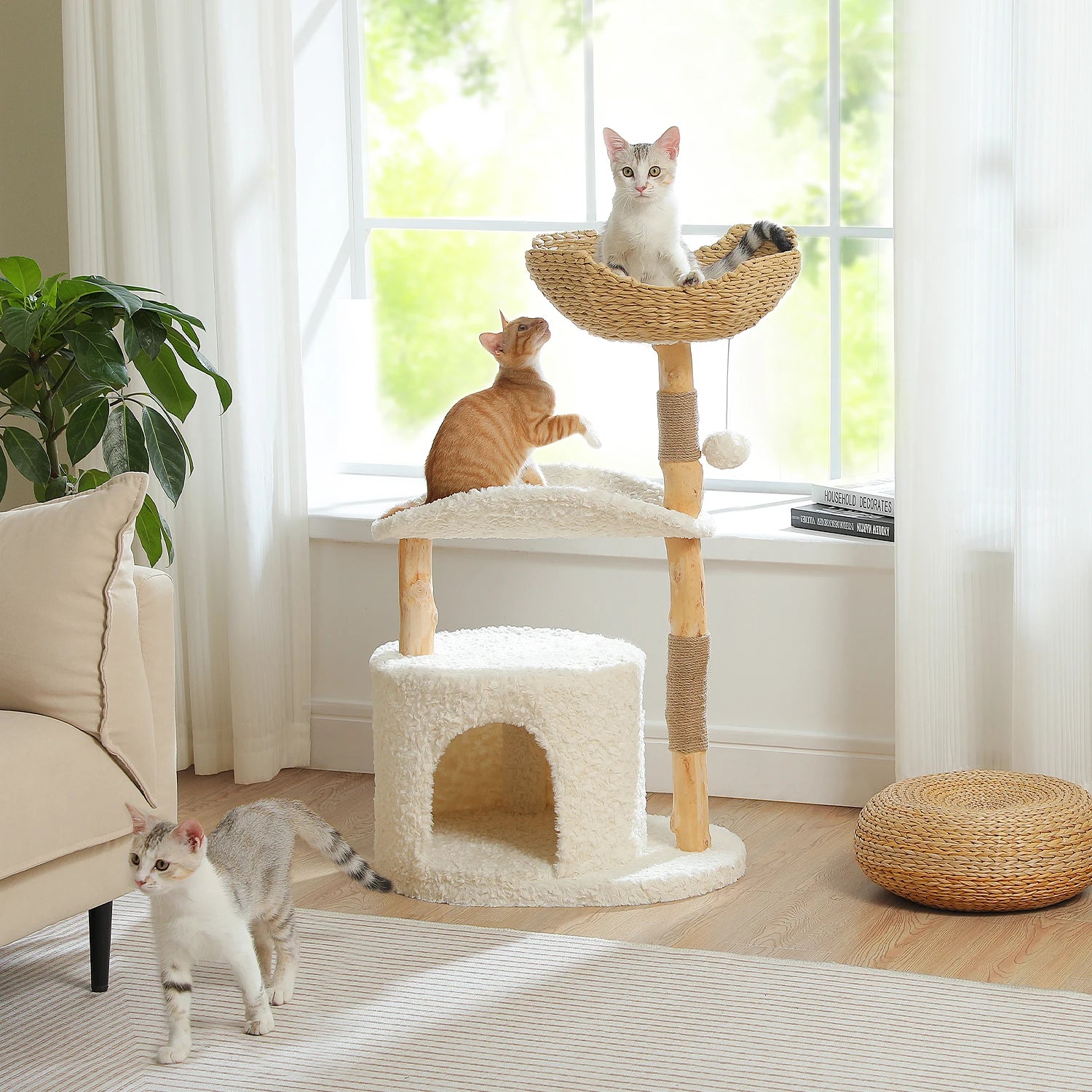 Modern Cat Tree Tower with Natural Solid Wood Scratching Posts Spacious Wicker Basket Luxury Cat Condo Bed for Indoor Cat Toys