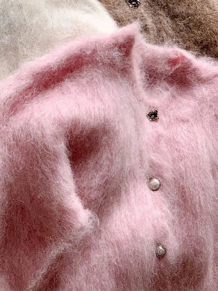 Winter Alpaca Wool Knitted Cardigan Women Soft Round Neck Single Breasted Loose Button Sweater Coat