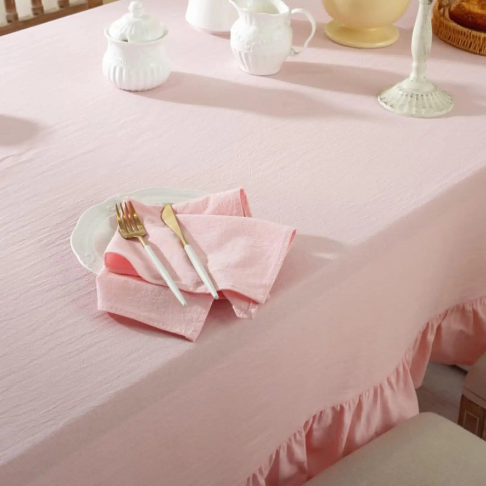 Solid Color Ruffled Tablecloth Cotton Rectangular Square Table Cover Decoration for Kitchen Dinning