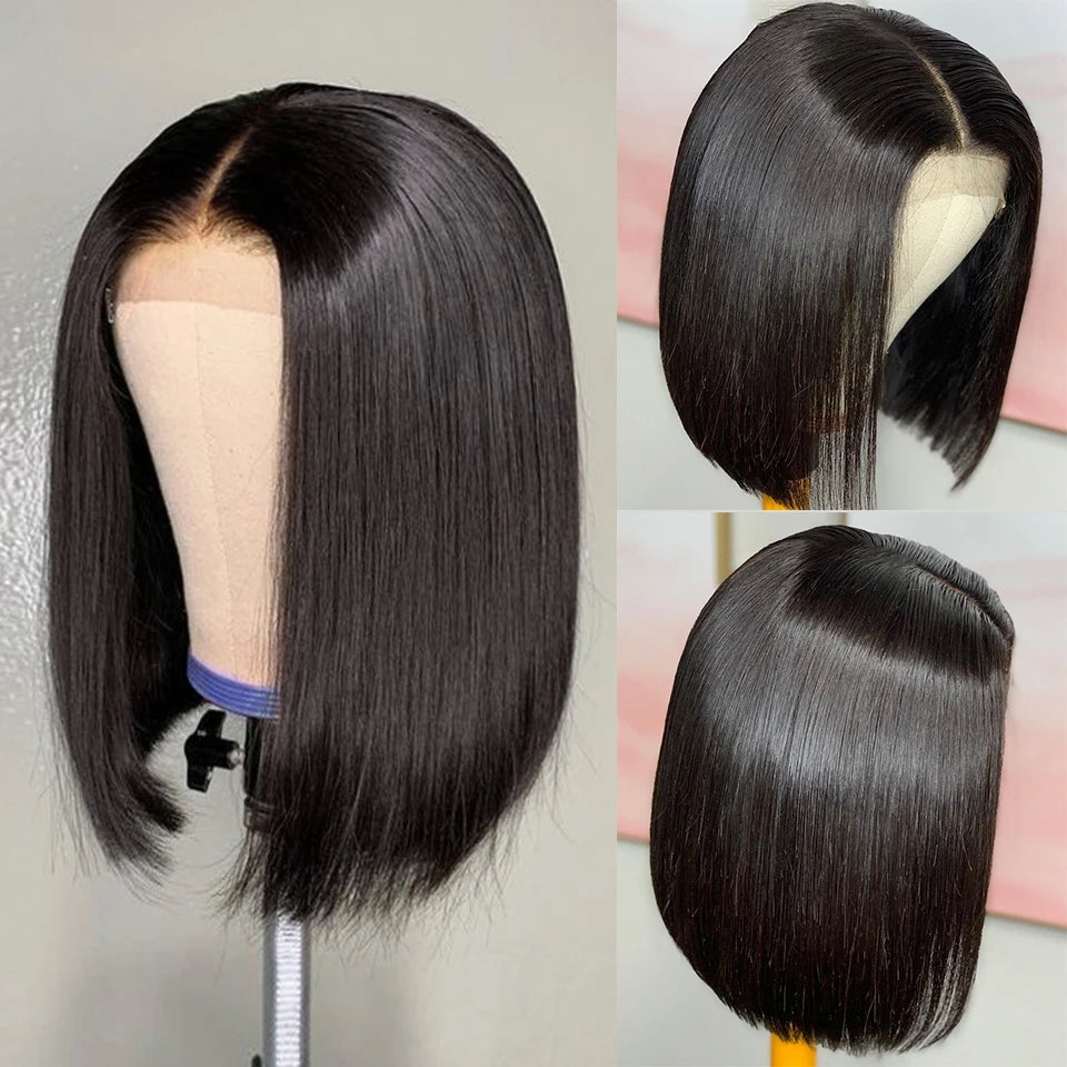 220% Density Bob Wigs Straight 100% Human Hair Lace Front Wigs 13x4 Bob Brazilian Remy Hair Pre-plucked Lace Front Wigs 16 inch