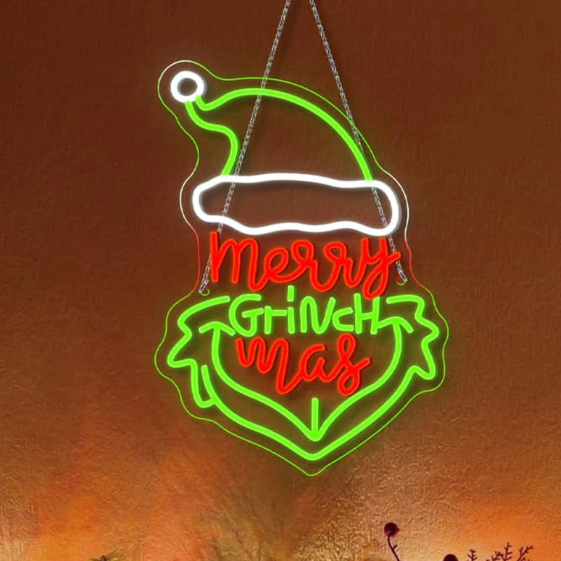 Merry Grinch Mas Neon Sign Green Monster Neon Sign Wall Decor for Bedroom Living Room Kids Room Festival Party New Year