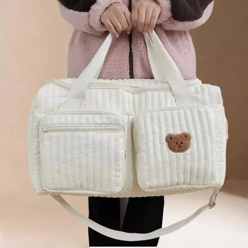 Baby Diaper Bag Cute Bear Flower Embroidery Pattern Mommy Bag Baby Beige Cotton Fabric Zipper Diaper Handbag New Luggage Bag