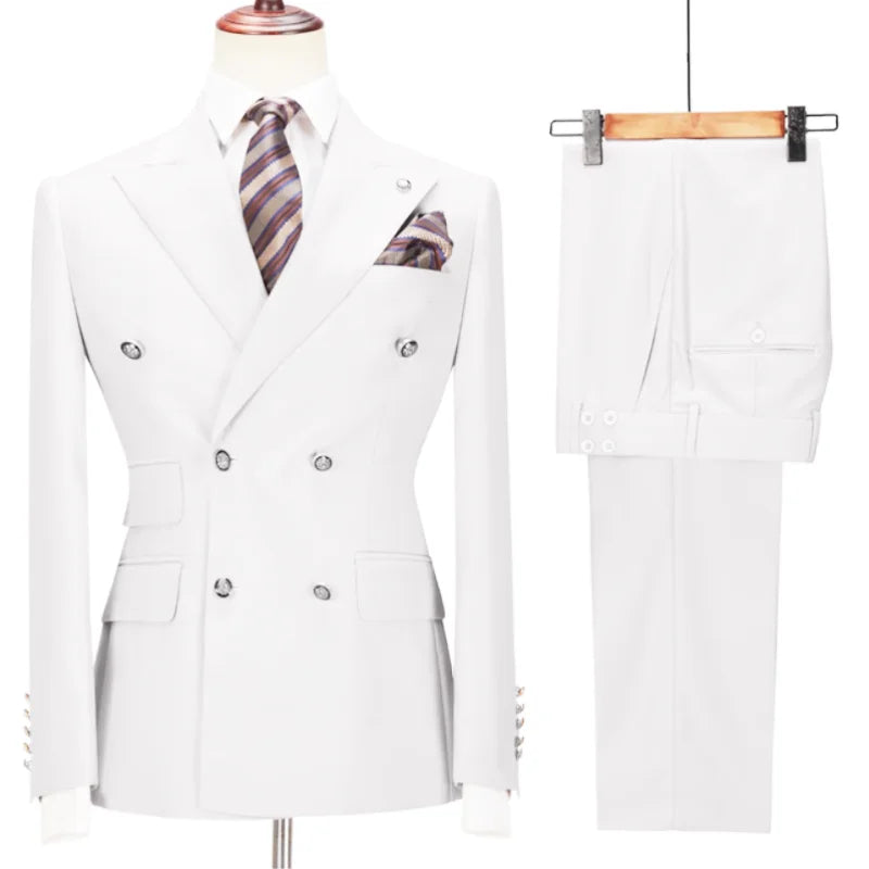 Men Suit 2 Pieces Beige Double Breasted Solid Color For Business Casual Wedding Groom Banquet Work Tuxedo Set Jacket With Pants