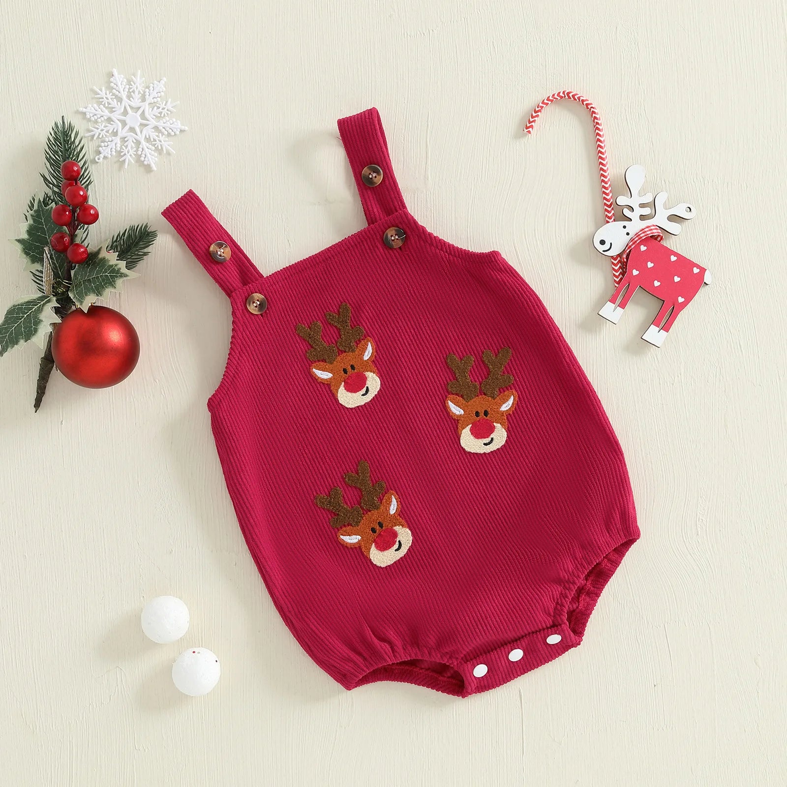Baby Clothing Christmas Cotton Corduroy Suspender Romper 0-18M Newborn Baby Girls Boys Reindeer Embroidery Sleeveless Bodysuit