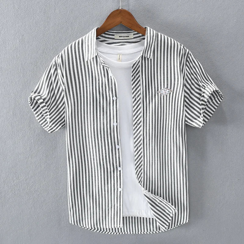 New Summer Men's Short Sleeve Shirt Fashion Thin Loose Half Sleeve Casual Youth Stripe Shirt Tops
