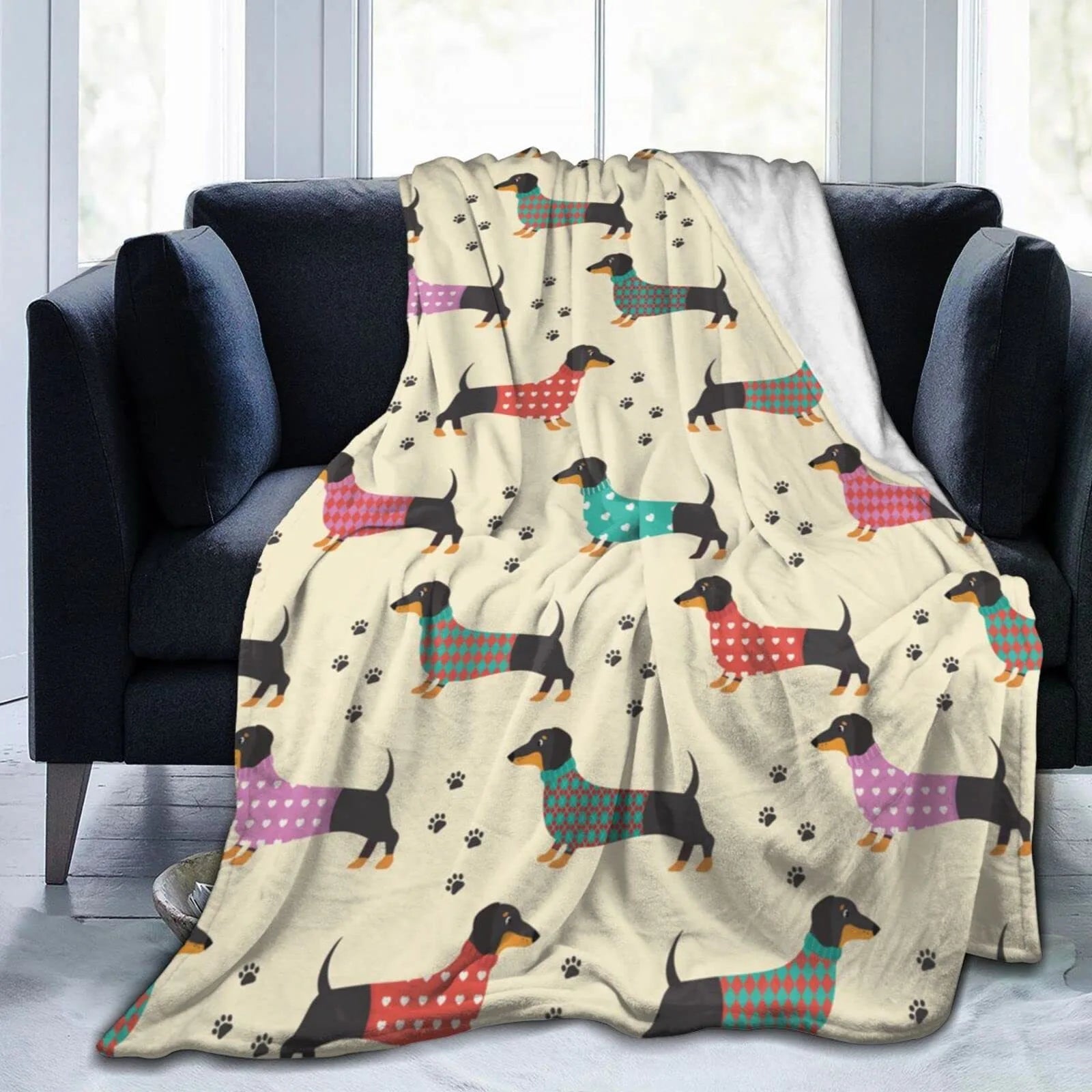 VIKAMA Cute Dachshund Blanket, Soft And Skin-Friendly Flannel Cartoon Printed Blanket, Sofa, Bedroom, Dormitory, Nap Blanket