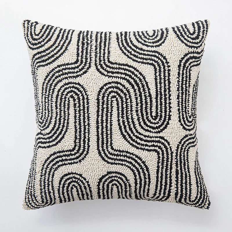 New Geometric Abstract Embroidered Cushion Cover Modern Beige Black Fully Tufted Pillowcase Home Decorative Pillows for Sofa