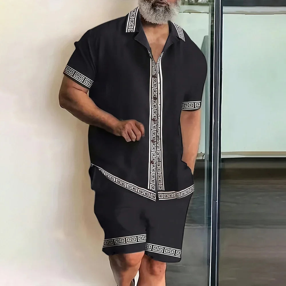 Vacation Men's 2-Piece Outfits Vintage Button Down Short Sleeve Shirt And Shorts Set Elastic Waist Shorts Short Sleeve Shirts