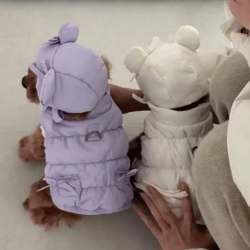 Winter Padded Dog Jacket Coat Warm Soft Dog Clothes Fashion Solid Puppy Down Jacket Cute Bow Cat Vest Coat Chihuahua Pet Costume