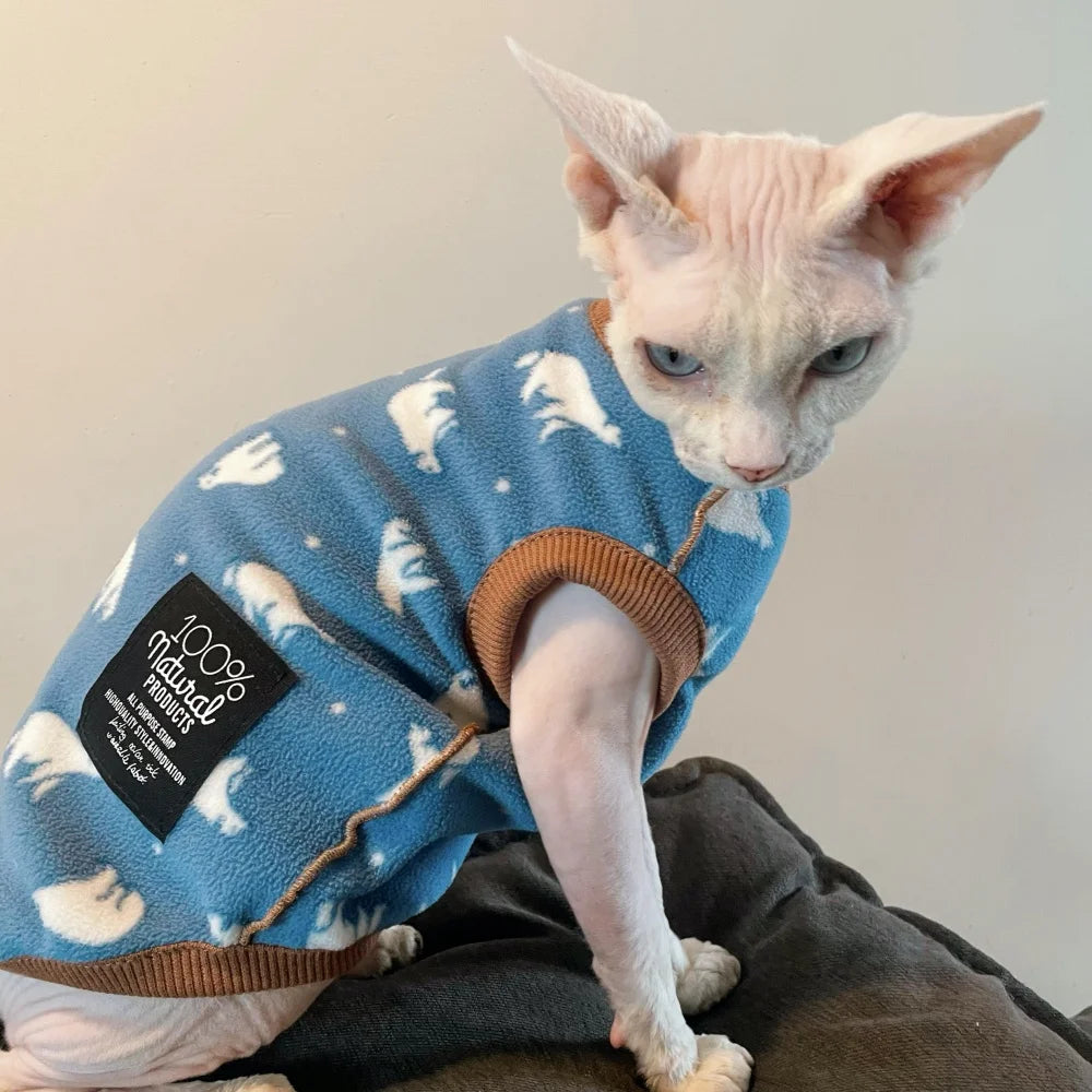 Sky Blue Soft Fleece Sweater for Sphynx Cat Spring Sweet Short Sleeves Animal Print Jumpsuit for Devon Rex Winter Vest for Dogs