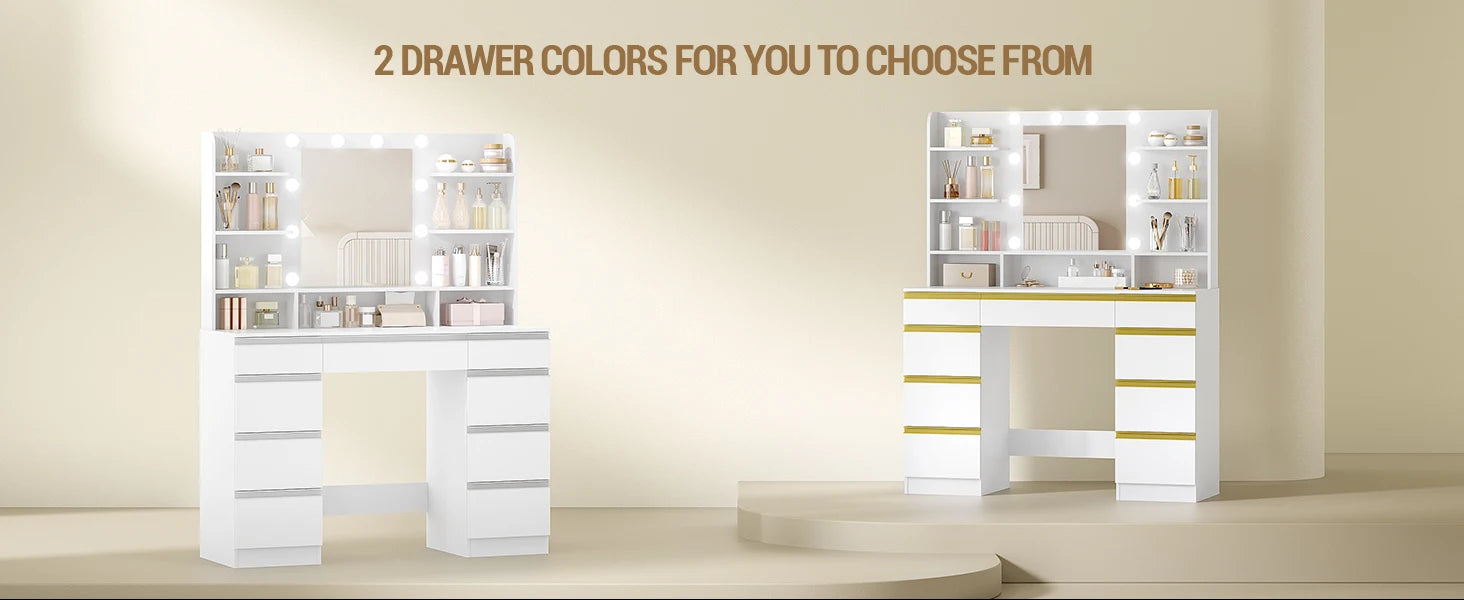 Hzuaneri Coiffeuse avec 10 boules lumineuses LED, luminosité réglable, grand miroir HD, 1 grand tiroir et 8 petits armoires à tiroirs