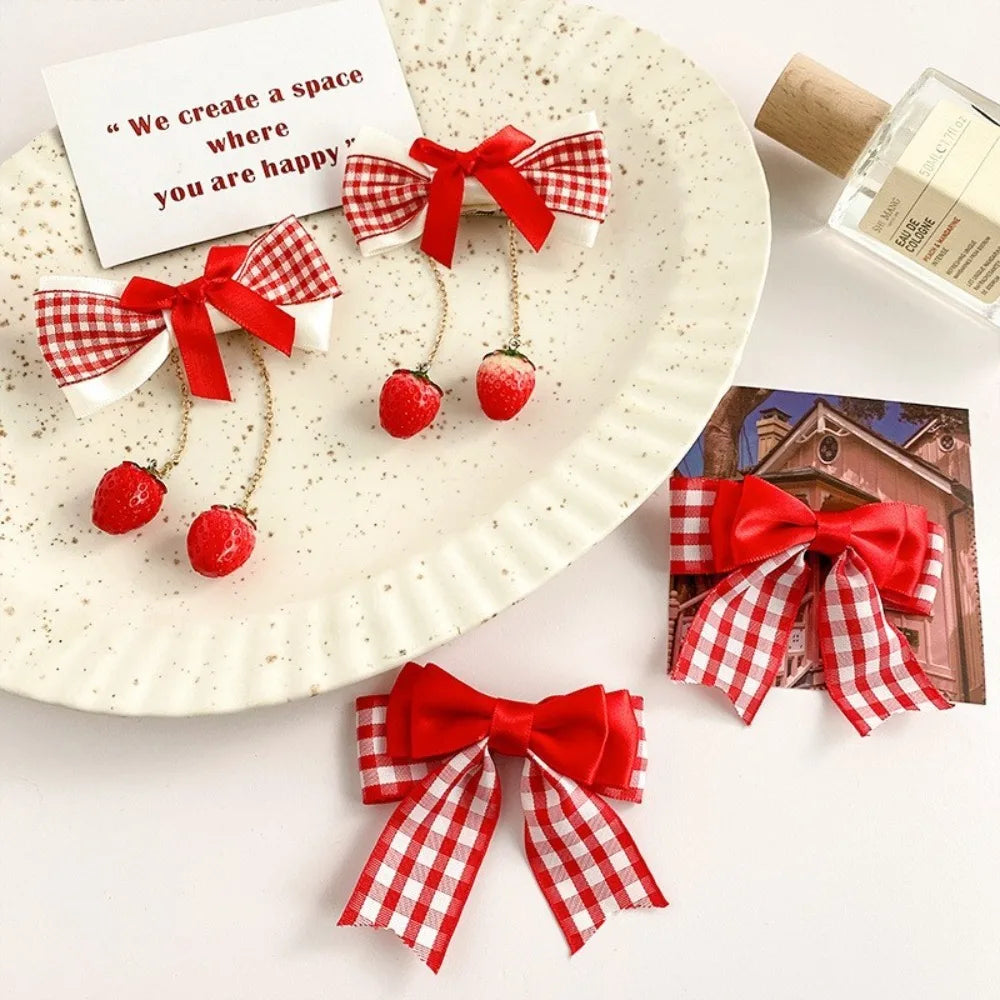 1 paire pince à cheveux cerise rouge barrettes mignonnes couvre-chefs tissu nœud fraise épingles à cheveux côté nœud fleur de tête épingles à cheveux filles