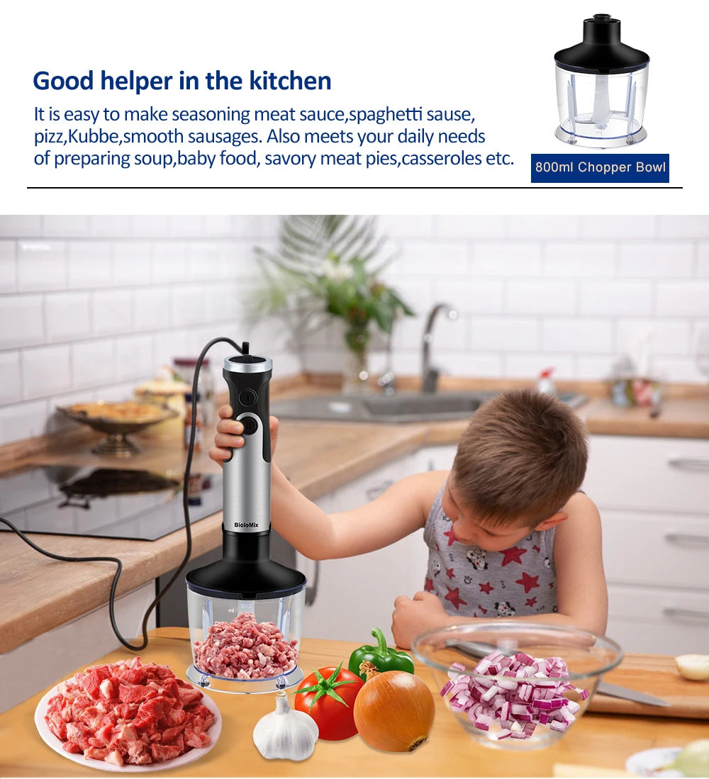 BioloMix 1200W 5-in-1 Immersion Hand Stick Blender Mixer Vegetable Meat Grinder 800ml Chopper Whisk 600ml Smoothie Cup