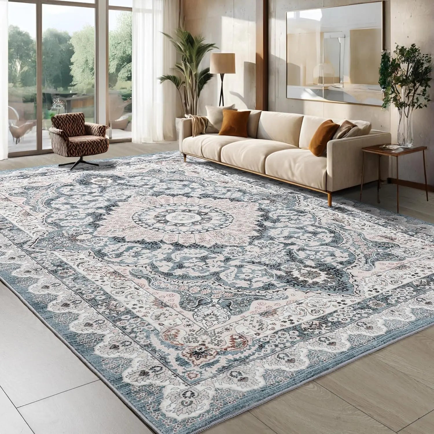 Area Rugs for Living Room, Machine Washable Vintage Rug, Non-Slip Low Pile Throw Rugs with Rubber Backing Washable Carpet