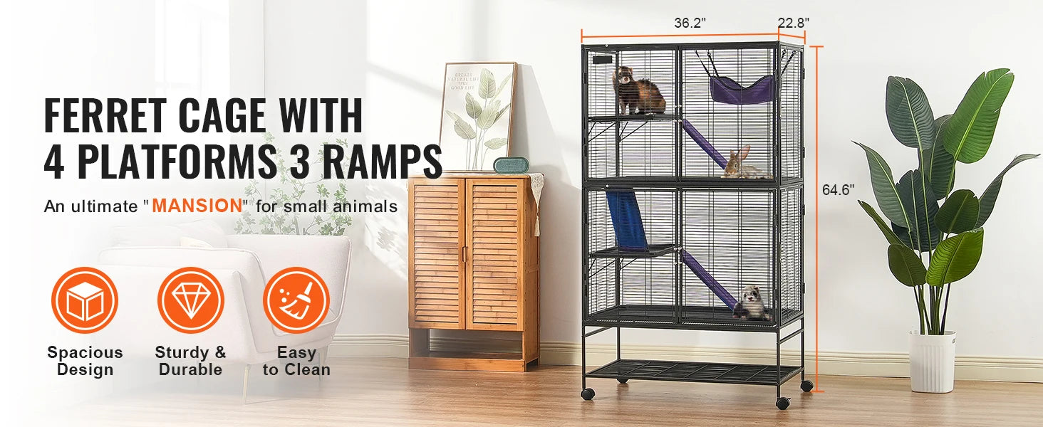 SucceBuy 64.6" Rolling Metal Ferret Cage Large 4-Tier Critter Nation Cage Small Animal Cage for Rats Hamster Guinea Chinchilla