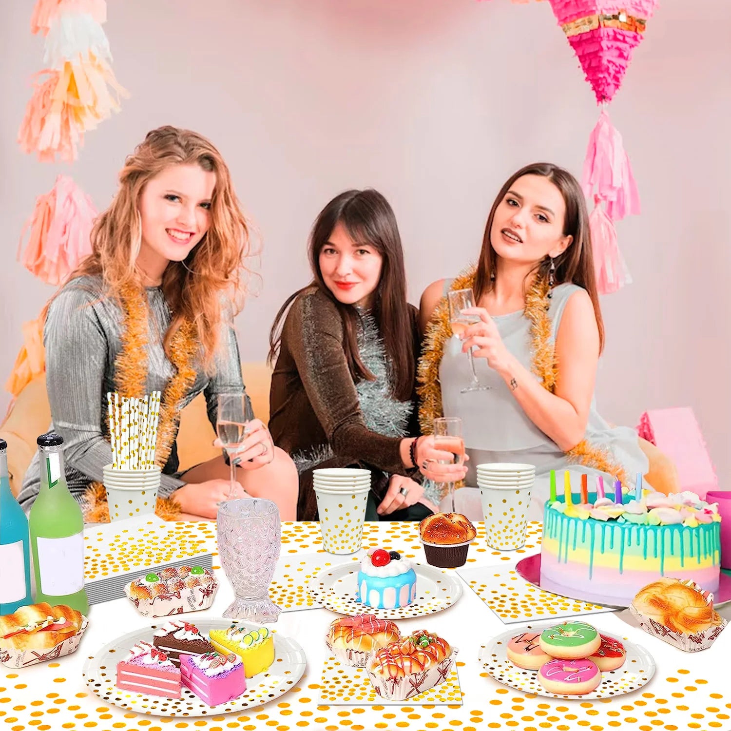 White And Gold Party Supplies 121pcs Golden Dot Disposable Party Dinnerware Set - White and Gold Party Paper Plates Cups Napkins