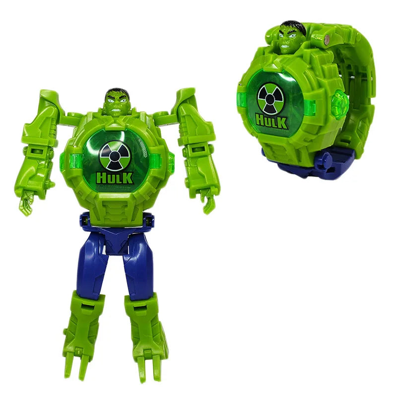 2026 Hot Marvel Iron Man Spiderman Cartoons Children's Watch Deformation Robot 3d LED Luminous Watch Children's Model Toy Watch