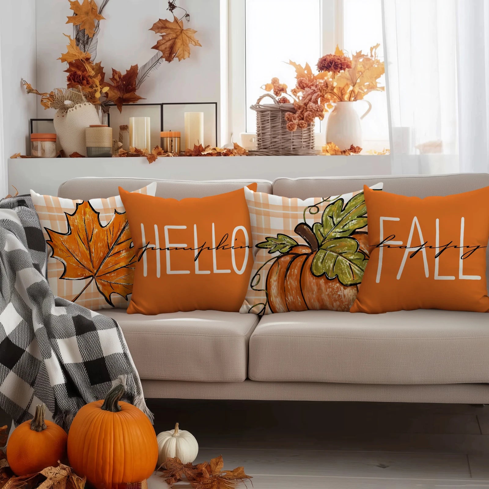 4 قطع من أغطية الوسائد لعيد الشكر، نقشة اليقطين، ورقة القيقب، غطاء وسادة مخطط، غطاء وسادة ديكور منزلي بنقشة مرحباً بالخريف
