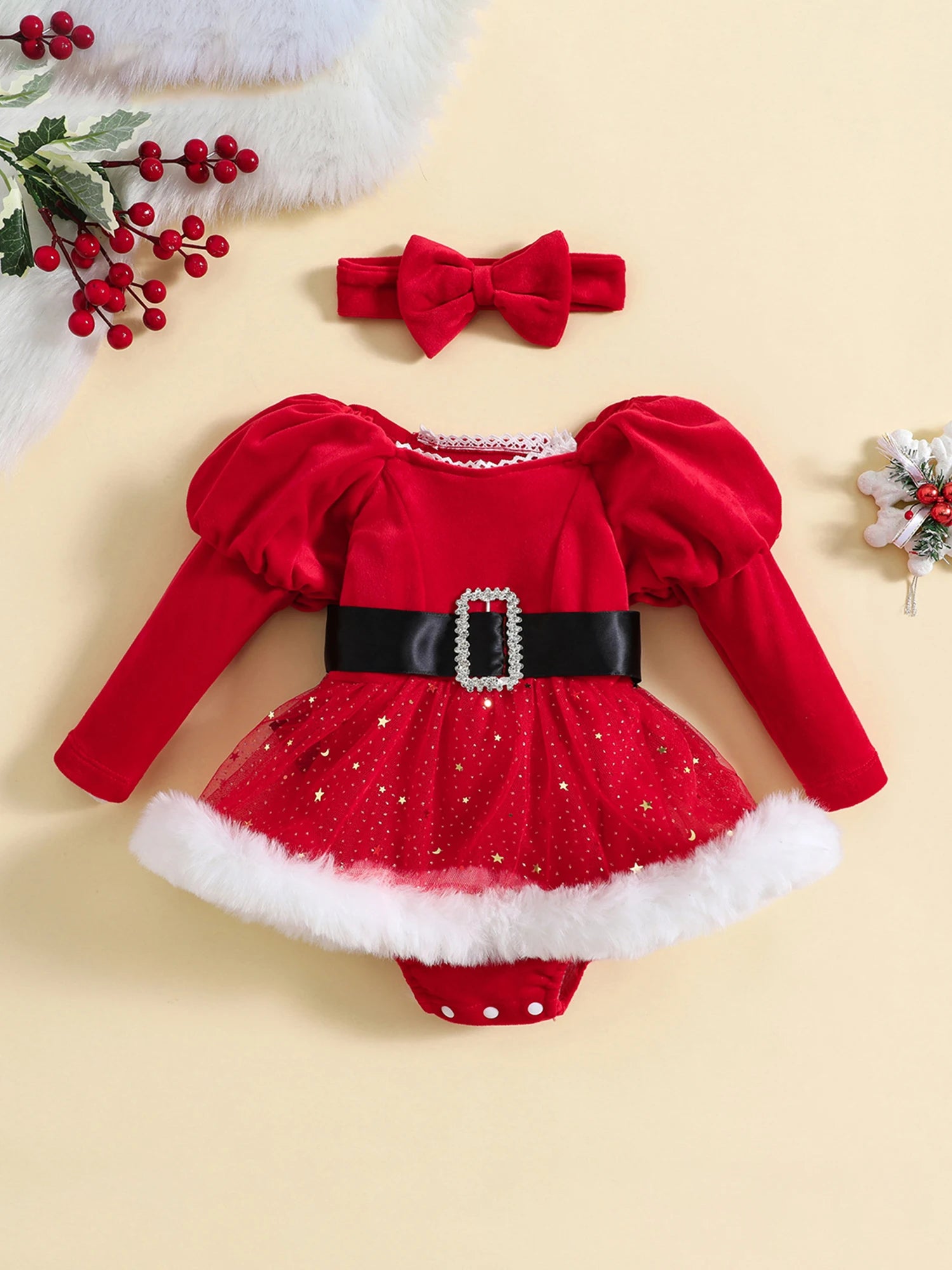 Baby Girls Rompers Dress Christmas Clothes Patchwork Sequins Stars Moon Skirt Hem Long Sleeve Toddler Bodysuits with Headband
