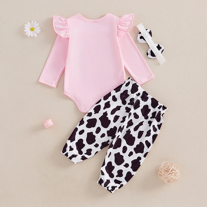 Baby Girl Fall Outfits Cow Embroidery Long Sleeve Romper Long Pants Headband 3Pcs Clothes Set