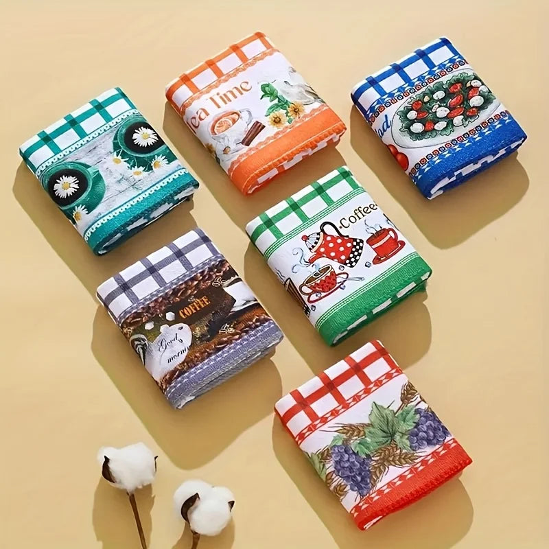 6PCS Kitchen Absorbent Printed Towels Dishcloth Hand Towel Cleaning Scrubber for Tableware Washing And Cleaning