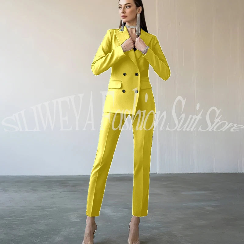 Fashion Chic Burgundy Red Purple Women Suit Double Breasted 2 Piece Jacket Pants Blazer Set Slim Fit Office Lady Female Clothing