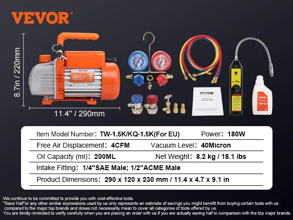 SucceBuy 3.5CFM 4CFM Single Stage Rotary Vane HVAC Air AC Vacuum Pump & A/C Refrigerant Kit Manifold Gauge Set Air Conditioning