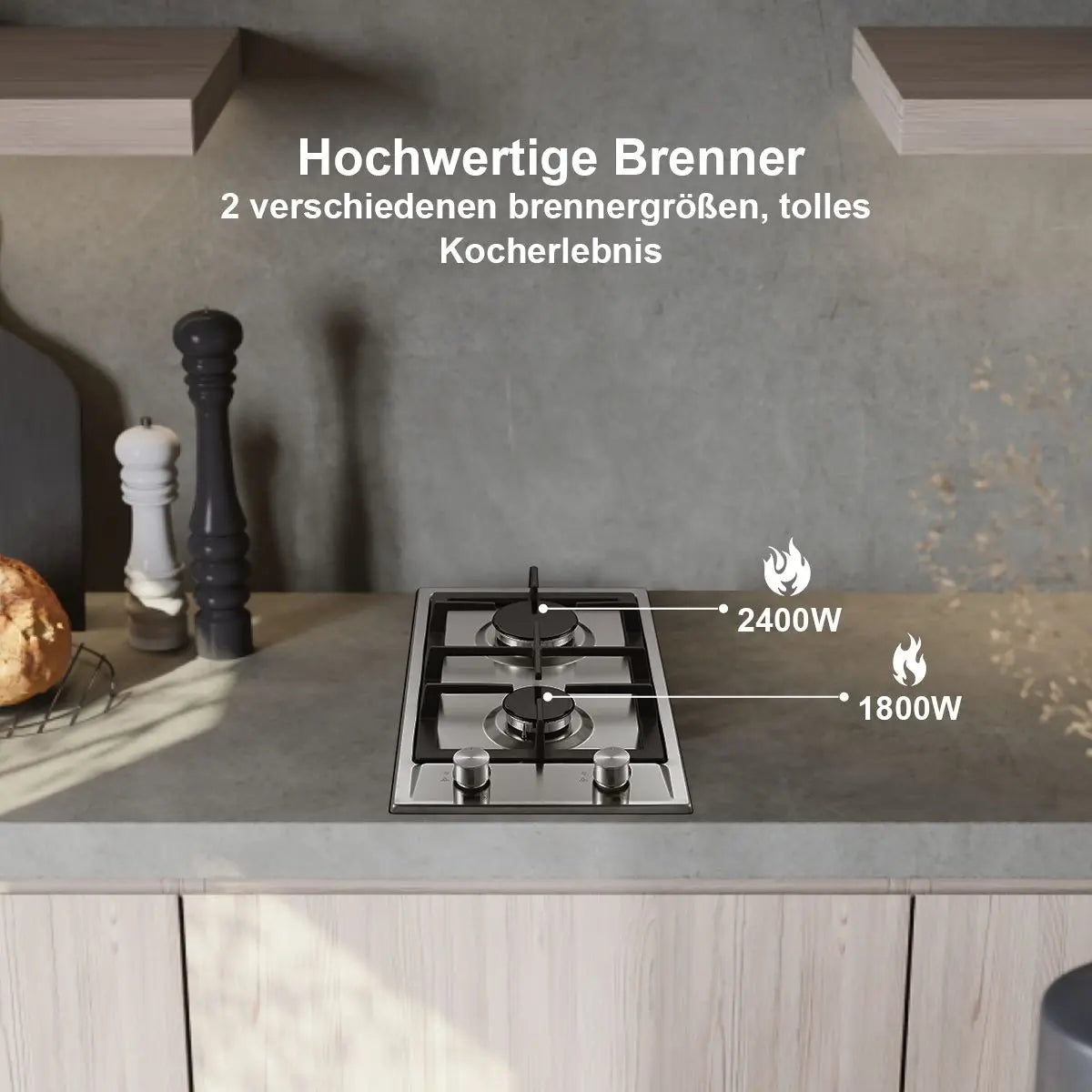 Stainless Steel Gas Hob Automatic Flame Protection 2 Bulbs | Dual Fuel Natural Gas/Propane Built-in/Freestanding 2400W 220-240V