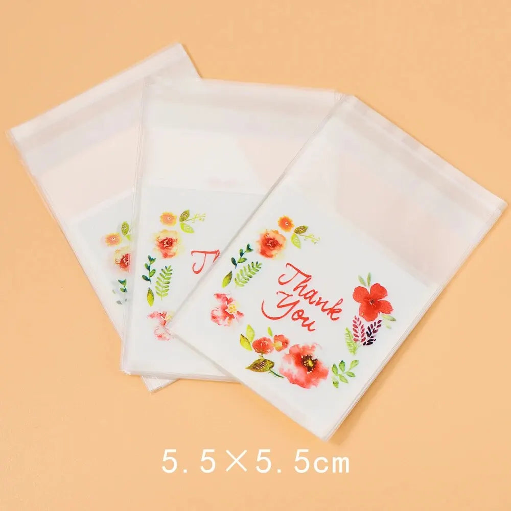 100pcs Colourful Flowers THANK YOU Self-adhesive Bag Plastic Pouches for DIY Jewelry Display Cookies Storage Gifts Bag Wholesale