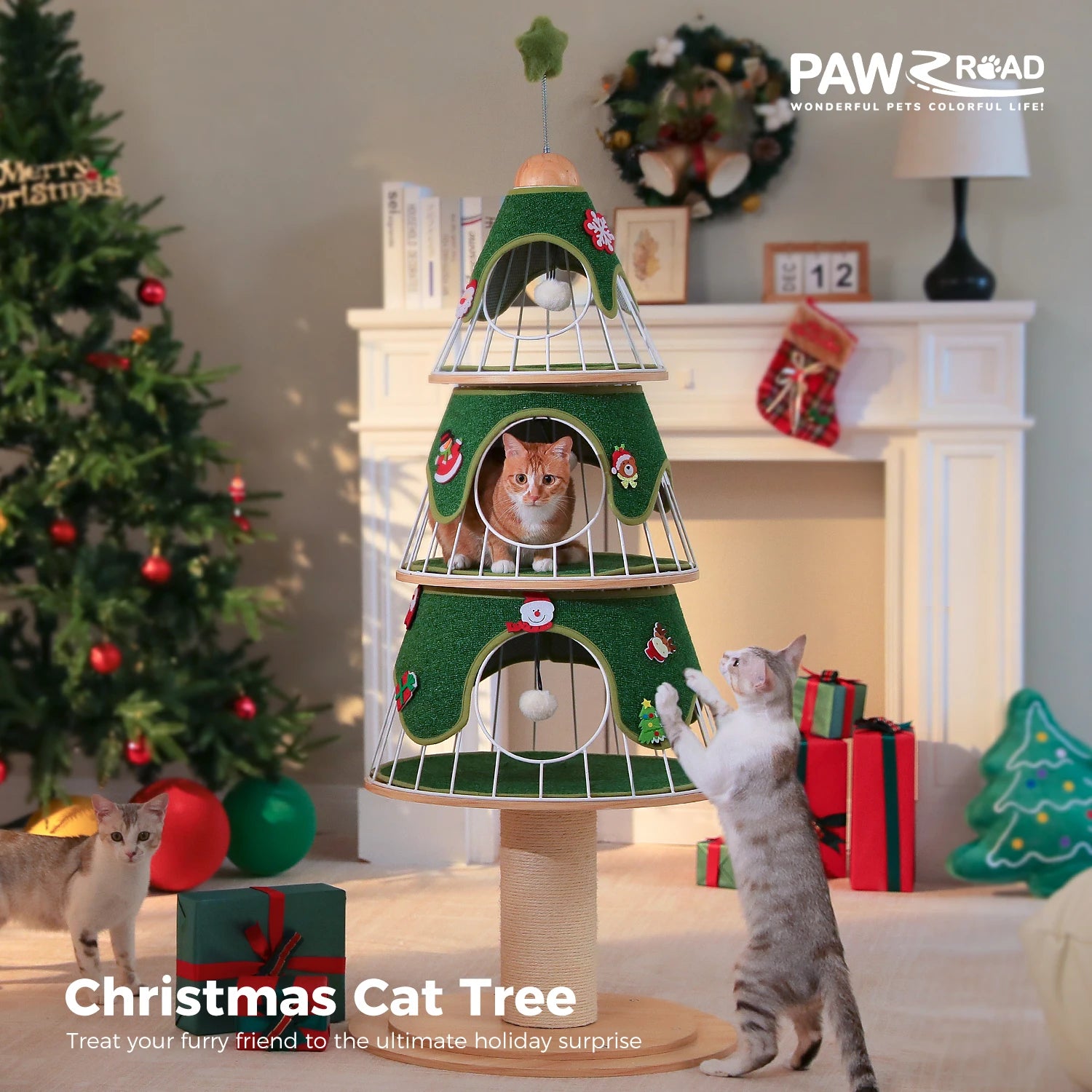 Christmas Cat Tree Tower with 3 Cozy Condos &amp; Pompoms Multi-Level Cat House Bed for Indoor Cats Modern Cat Furniture Cat Toys