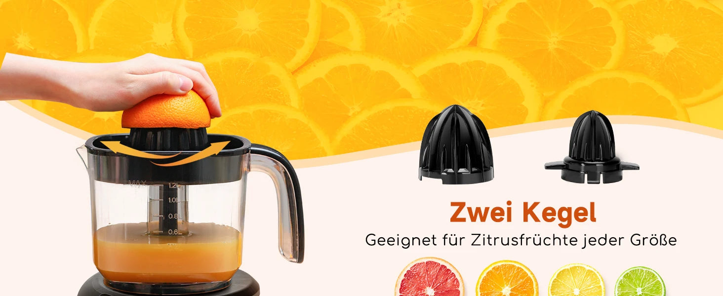 Aigostar Electric Citrus Juicer, 1.2L Large Capacity Juicer with LED Work Light and 2 Removable Cones, Lemon Squeezer for Orange