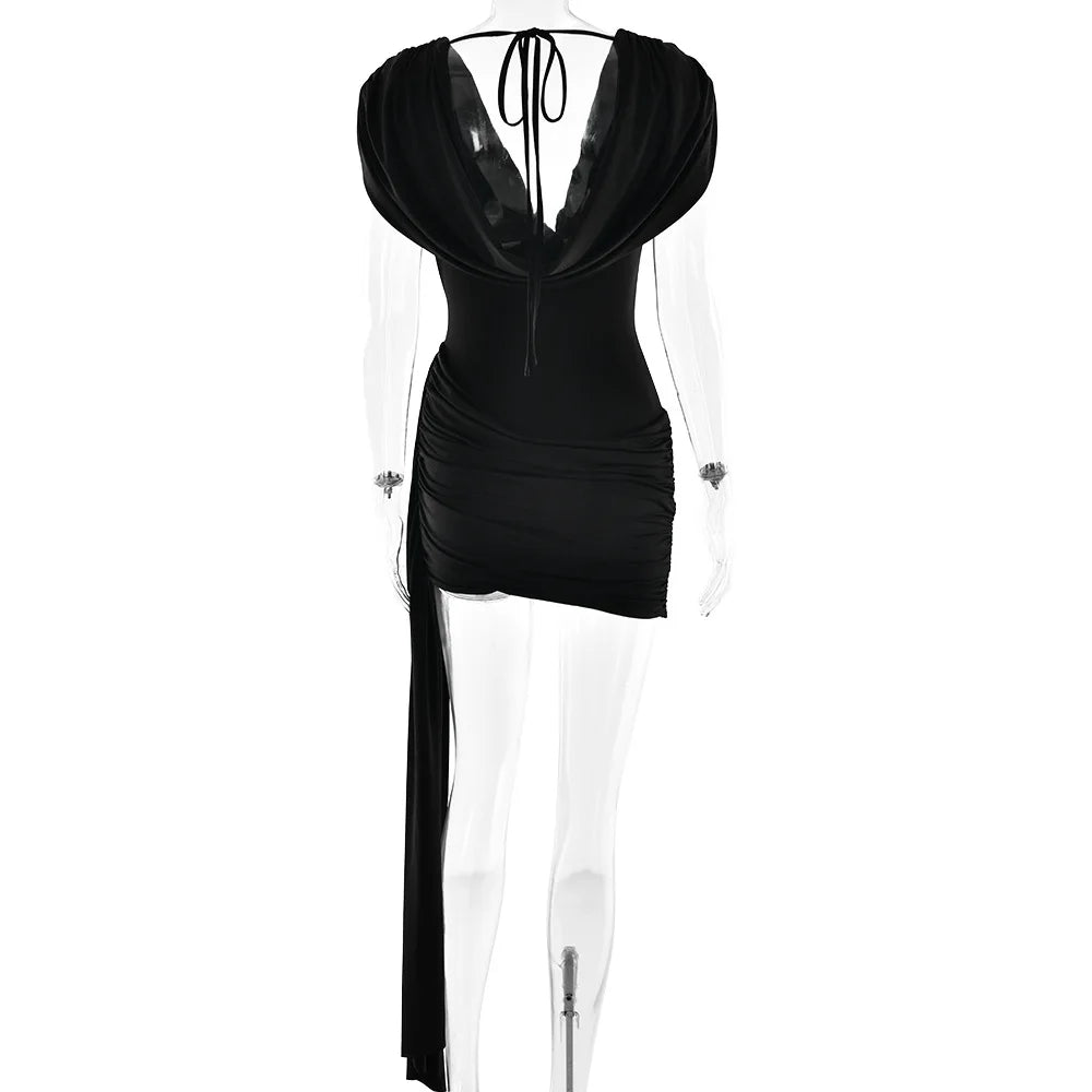 Summer Women's Deep V-Neck Pleated Slim Fit Hip Hugging Dress Sexy Hanging Neck Design Casual Fashionable Gown