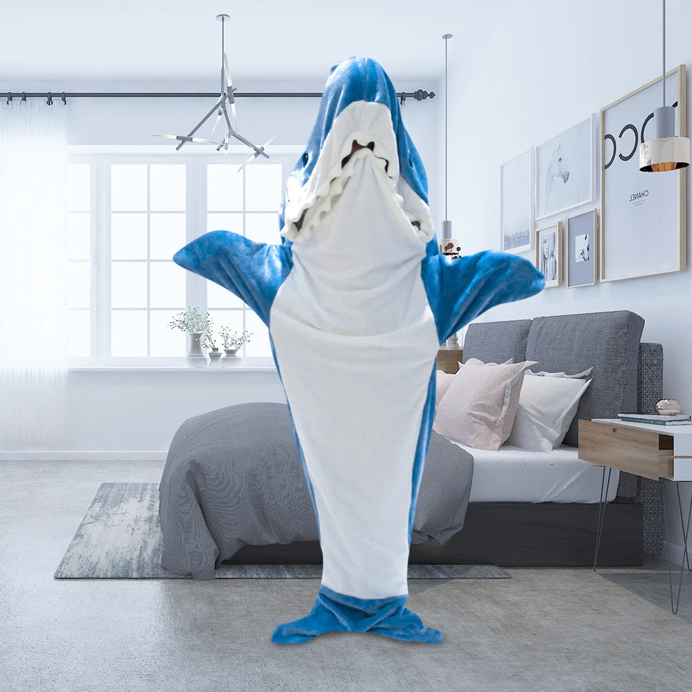 Shark Blanket Cartoon Sleeping Bag Shark Onesie Sleeping Bag Pajama Hooded Warm Flannel Funny Homewear Winter Warm Blanket