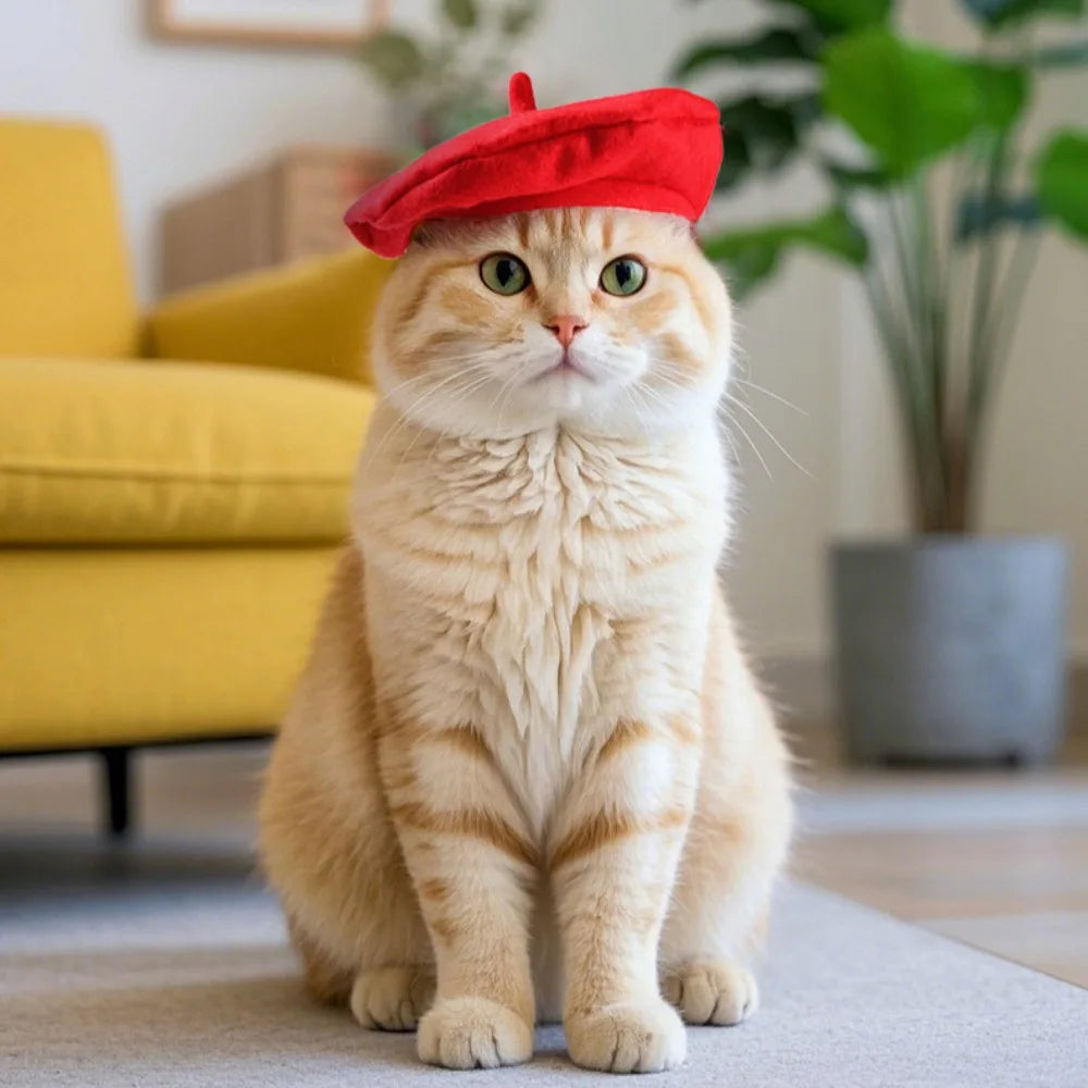 Cute Adorable Cat Beret Hat Red Black Pet Costume Accessories Cat Dog Caps Fashionable Pet Headwear for Photos &amp; Parties