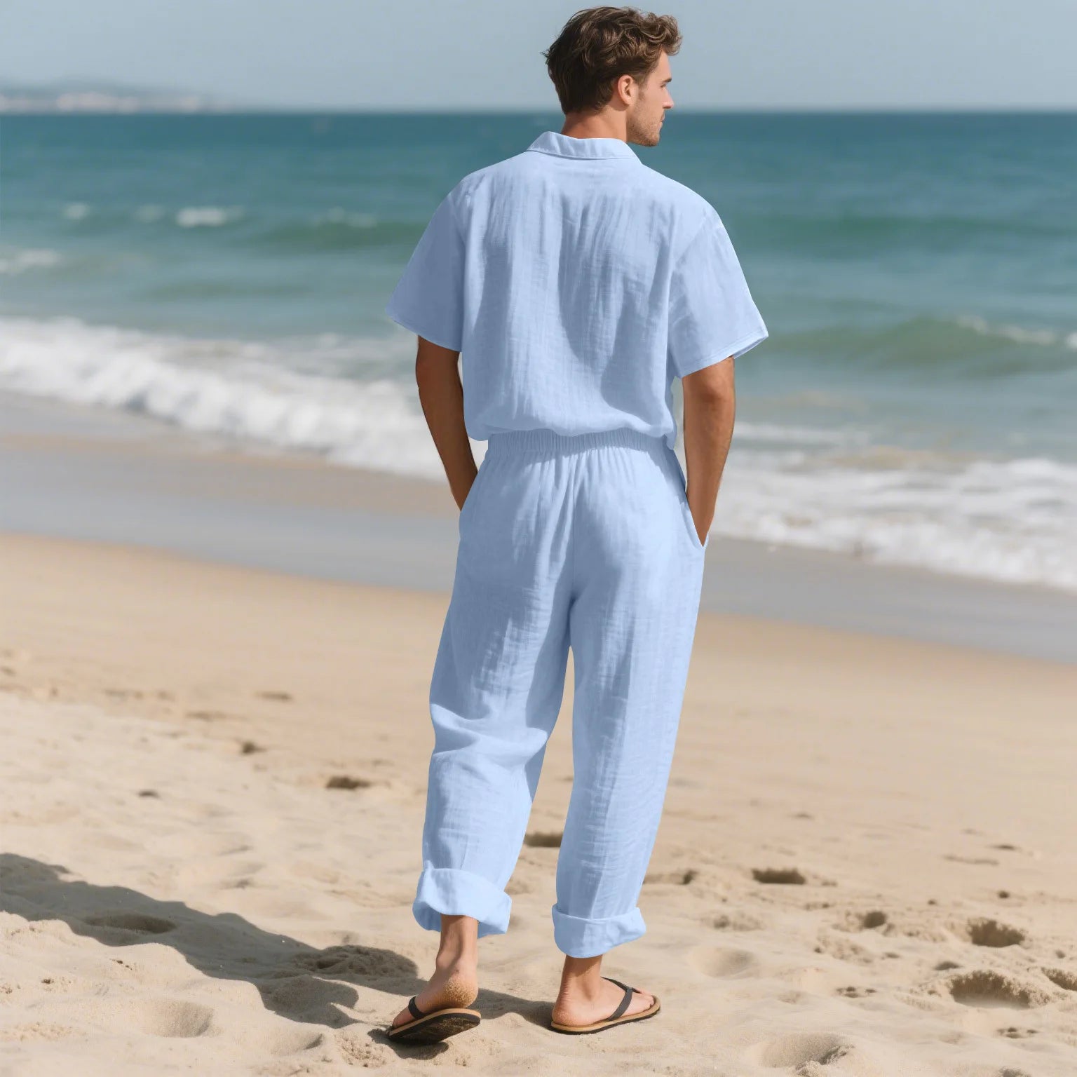 American Summer Men's Linen Casual Set Short-Sleeved Shirt And Long Pants 2-Piece Comfortable Loose Fit for Men