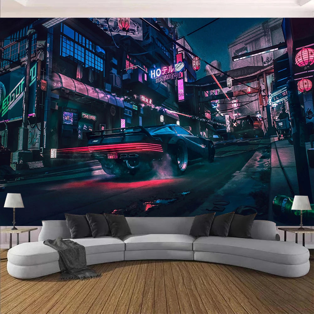 Cyberpunk Future Steam City Home Tapestry Art Wall Hanging Psychedelic Galaxy Hippie Retro Anime Background Decoration