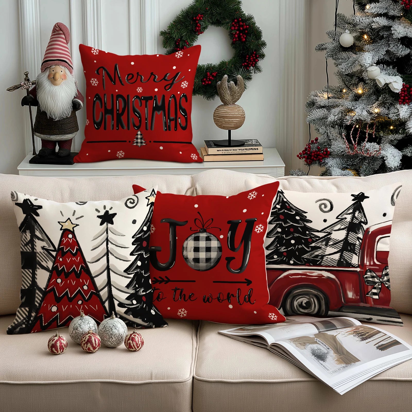 1/4pcs Retro Christmas Pillowcase, Christmas Ball, Christmas Tree, Retro Truck Design, Cushion Cover, Christmas Decorations