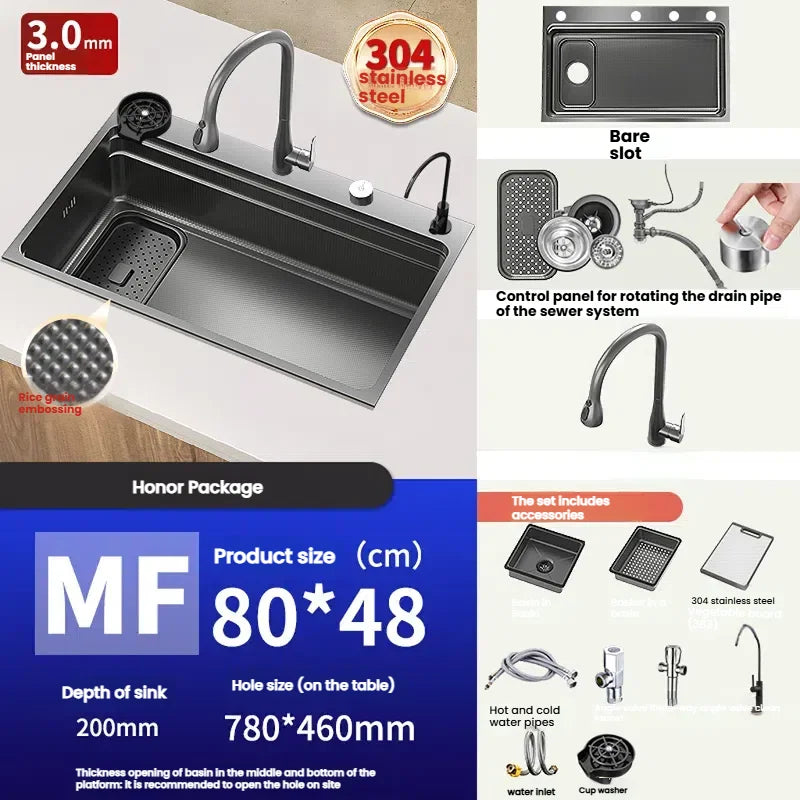 Stainless Steel Gray Kitchen Sink Multifunctional Stain and Scratch Resistant Large Single Slot Household Wash Cuisine Basin