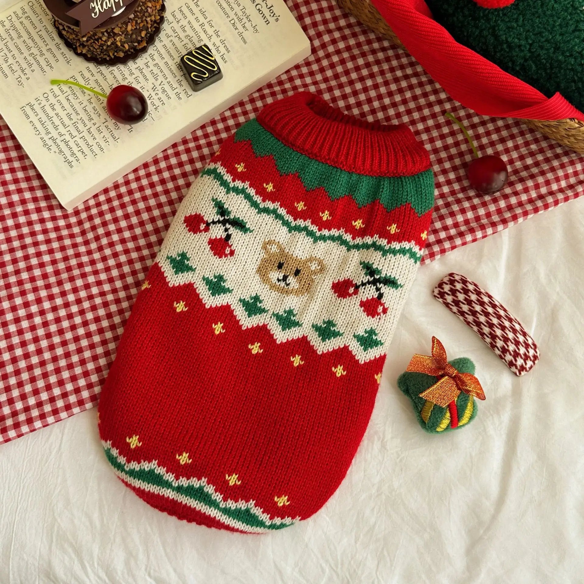 Pet Sweater for Dogs and Cats Fashion Warm Clothing in Winter Red and Green Gingerbread Cherry Deer Fresh Flowers White Sweater