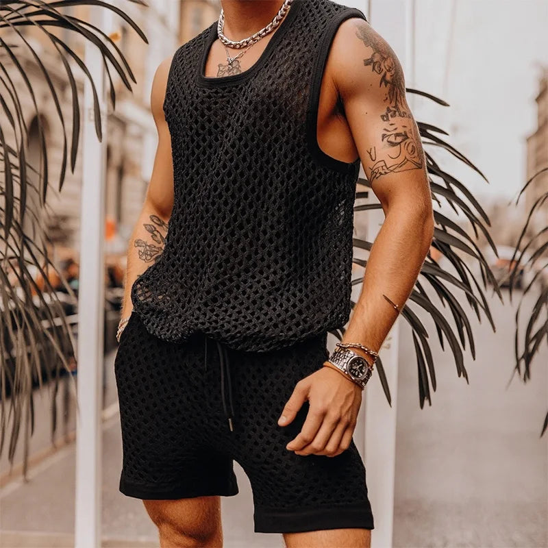 INCERUN Men Sets Solid Color Mesh Hollow Out See Through Tank Tops & Shorts 2PCS Summer Sexy Vacation Men Casual Suits 2025 5XL