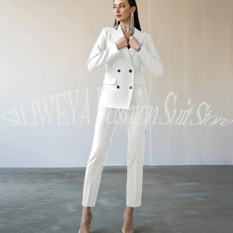 Fashion Chic Burgundy Red Purple Women Suit Double Breasted 2 Piece Jacket Pants Blazer Set Slim Fit Office Lady Female Clothing