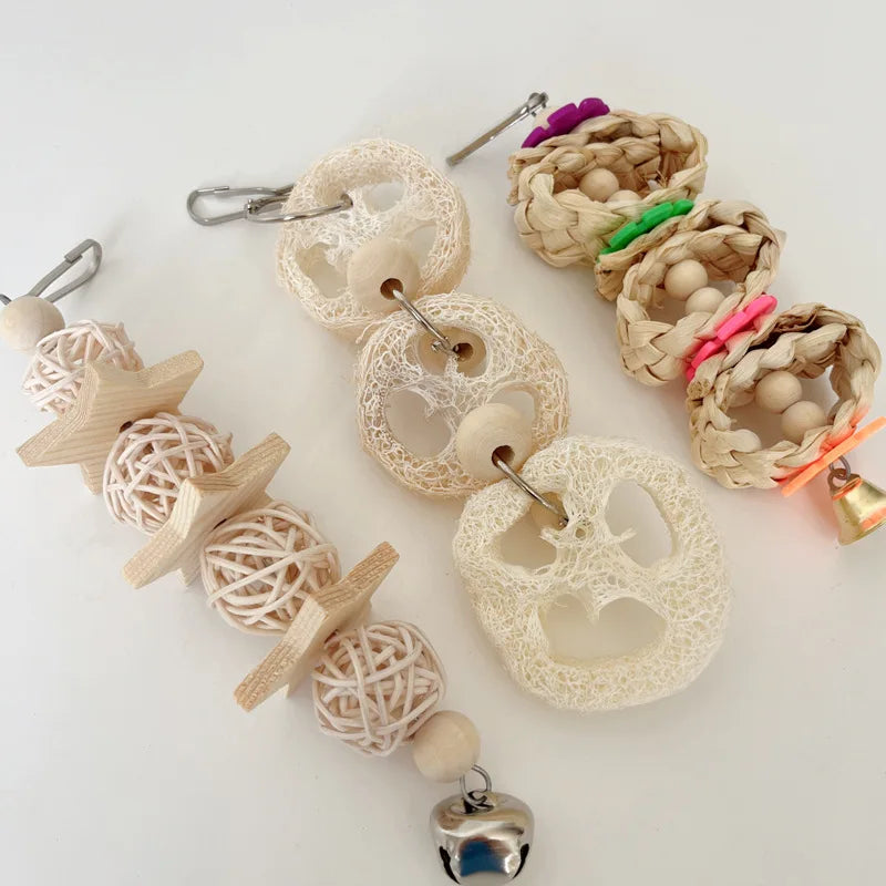 Wooden Parrot Bird Toys - Swing Ball Bell Durable Chewable Pet Bird Training Toy for Parrots Standing Juguetes Para Pájaros