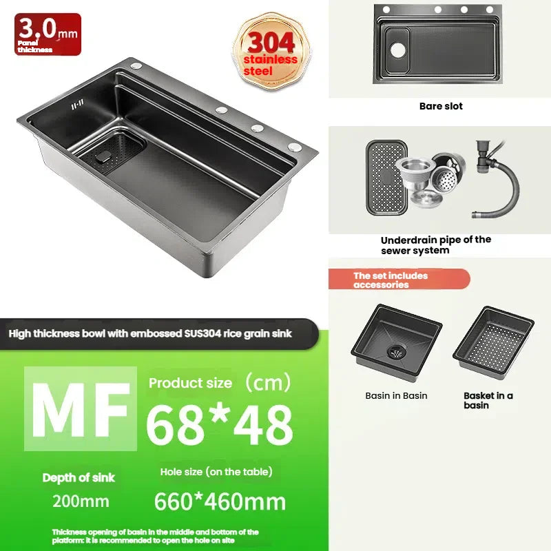 Stainless Steel Gray Kitchen Sink Multifunctional Stain and Scratch Resistant Large Single Slot Household Wash Cuisine Basin
