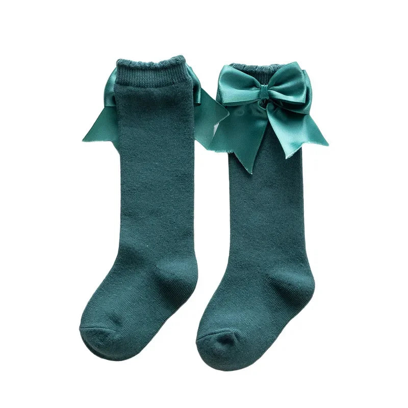 0-24months Infant Girl Below Knee Socks Solid Color Bow Decor Stockings For Girls Infant Breathable Socks