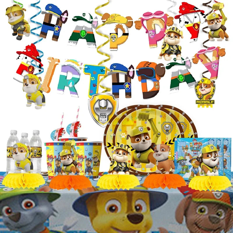 paw patrol rubble theme animals party supplies decorations kids birthday disposable tableware plate tablecloth party theme favor